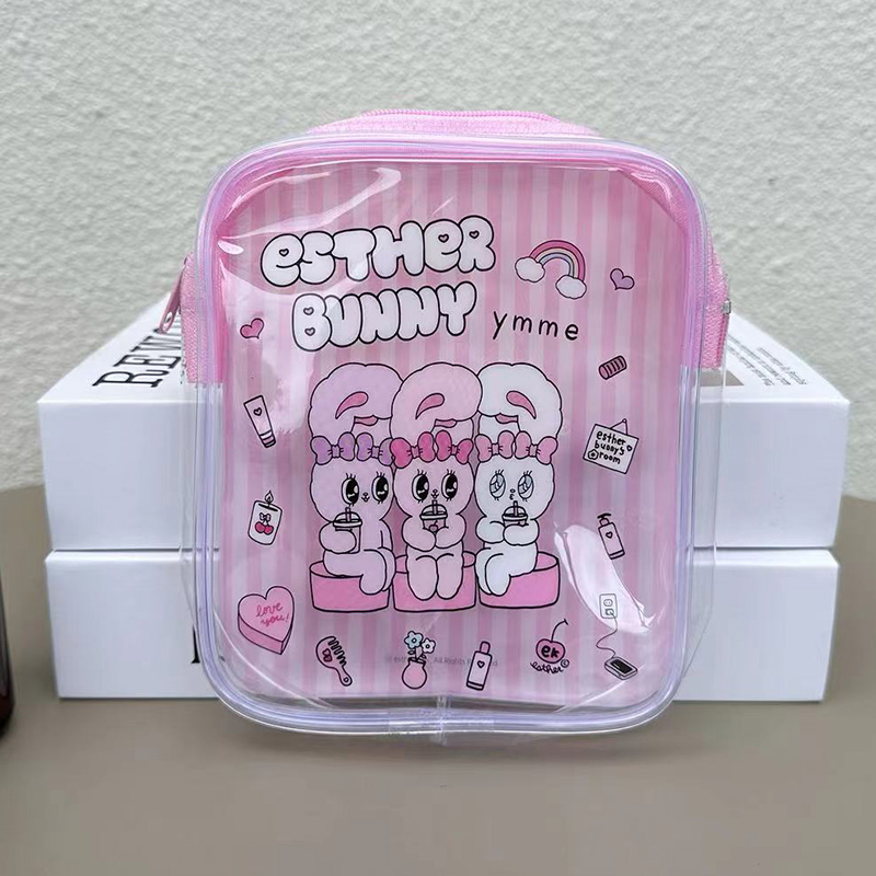 Travel Accessories Japan - กระเป๋าใส่เครื่องสำอางลายกระต่ายเอสเธอร์น่ารัก ลายทางสีชมพู วัสดุ PVC กระเป๋าเก็บเครื่องสำอาง พกพาสะดวกสำหรับเดินทาง