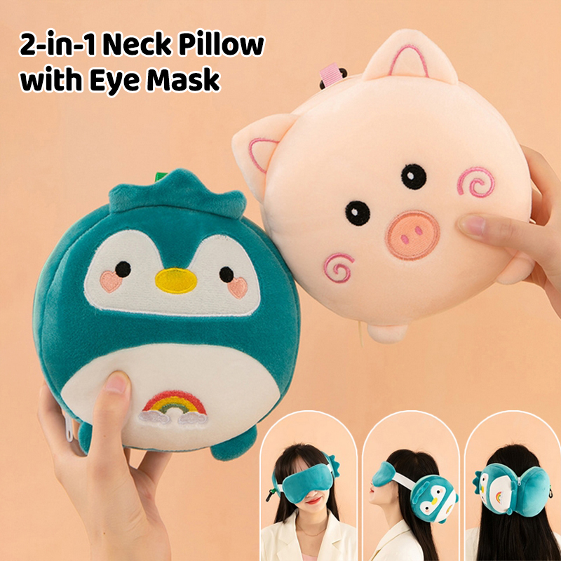 Travel Accessories Pillow - (BF06) หมอนรองคอการ์ตูน 2-in-1 พร้อมหน้ากากปิดตา ตุ๊กตาขนนุ่มน่ารัก หมอนเดินทาง