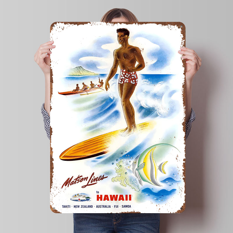Travel Accessories Hawaii - โปสเตอร์ท่องเที่ยววินเทจของสายการเดินเรือแมทสัน ไลน์ส ฮาวาย ป้ายโลหะวินเทจแบบกำหนดเอง ศิลปะติดผนัง ป้ายดีบุกย้อนยุค