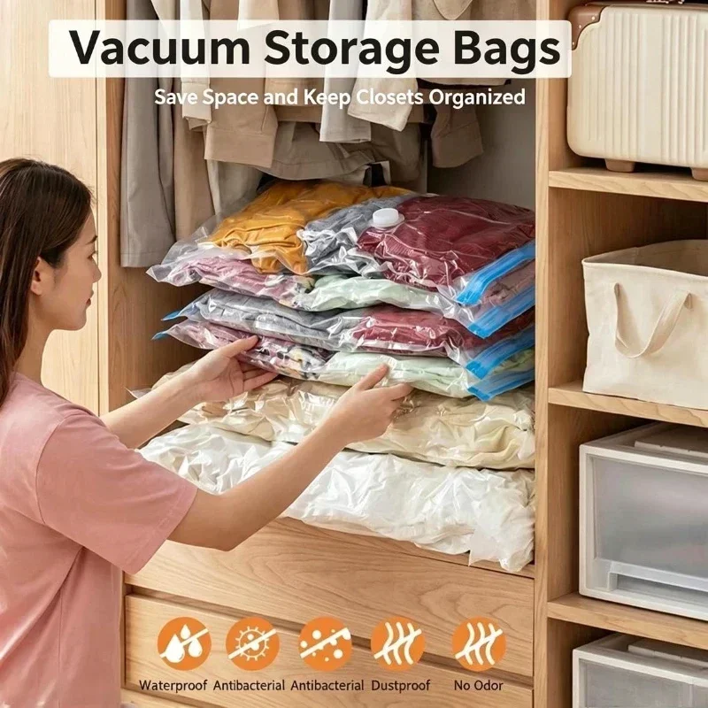 Compression Bag Vacuum - 1/3/5 ชิ้น ถุงสูญญากาศและฝาปิดปั๊มสำหรับจัดเก็บเสื้อผ้า ถุงพลาสติกขนาดใหญ่สำหรับบีบอัดอากาศ อุปกรณ์เสริมสำหรับการเดินทาง ภาชนะจัดเก็บ