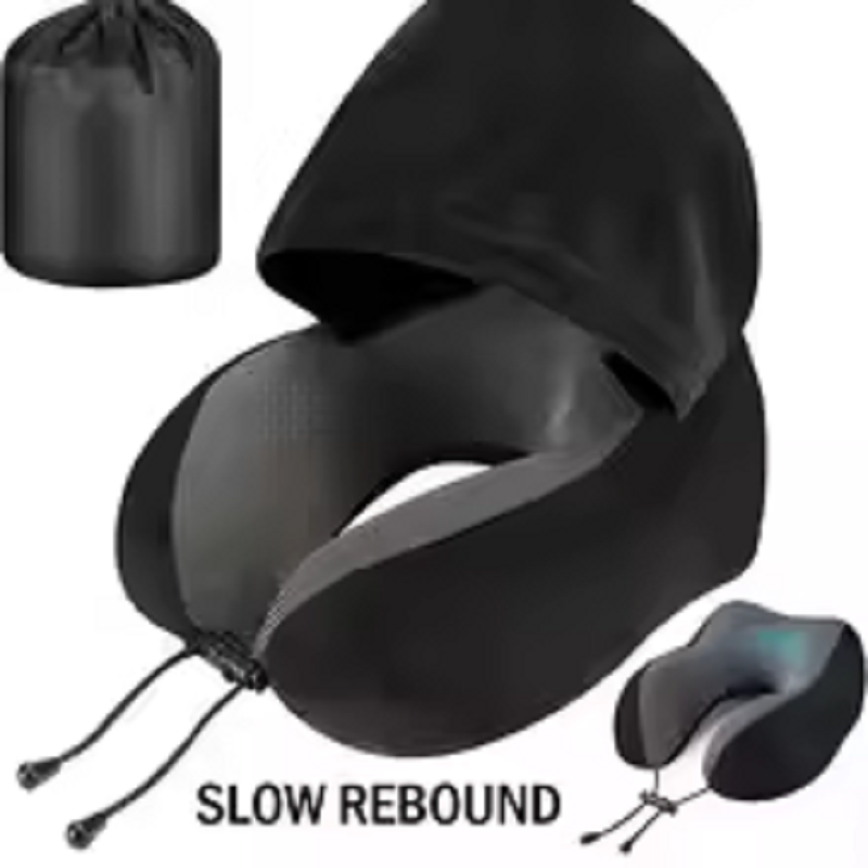 Travel Accessories Pillow - หมอนรองคอเมมโมรี่โฟมแบบมีฮู้ด สำหรับเดินทาง ผ้ากำมะหยี่นุ่มรูปตัวยู พร้อมกระเป๋าเก็บ สำหรับใช้บนเครื่องบินและในรถยนต์