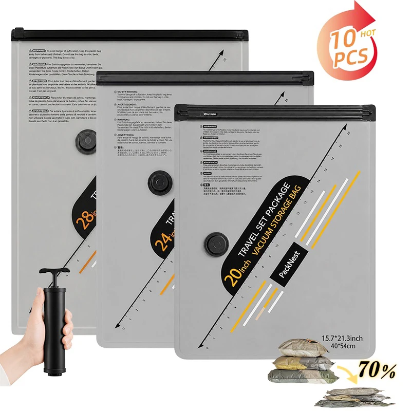 Compression Bag Vacuum - ถุงจัดเก็บสุญญากาศแบบบีบอัดพร้อมปั๊มมือ ถุงจัดระเบียบสัมภาระแบบใช้ซ้ำได้ ประหยัดพื้นที่สำหรับการเดินทาง กระเป๋าจัดระเบียบสัมภาระสำหรับการเดินทาง