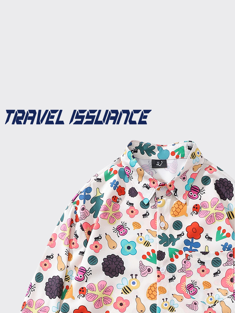 Travel Accessories Hong Kong - เสื้อเชิ้ตแขนยาวทรงหลวมลายการ์ตูนสไตล์ฮ่องกงสุดเก๋ เหมาะสำหรับใส่เที่ยว แฟชั่นลำลองสไตล์ BF สำหรับฤดูใบไม้ร่วง