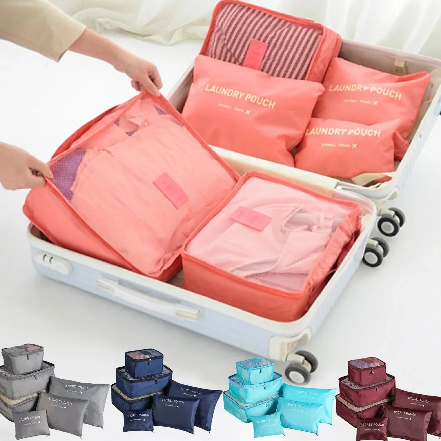 Travel Accessories Logo - ชุดกระเป๋าจัดเก็บสัมภาระสำหรับเดินทาง 6 ชิ้น ชุดจัดระเบียบกระเป๋าเดินทาง กล่องเก็บของแบบพกพา ที่จัดระเบียบเสื้อผ้าและรองเท้าแบบพับได้