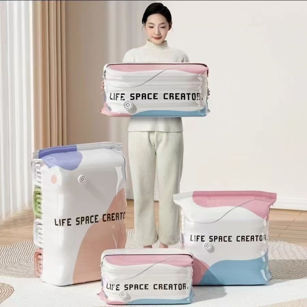Compression Bag Vacuum - ถุงเก็บของสุญญากาศแบบกดและปิดผนึก ประหยัดพื้นที่ ดีไซน์บีบอัด ไม่ต้องใช้ปั๊ม ถุงสุญญากาศแบบลูกบาศก์ ใช้ซ้ำได้